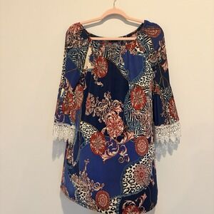 Vision Women's Top Small Boho Paisley Blue Dress Crochet Sleeve Detail